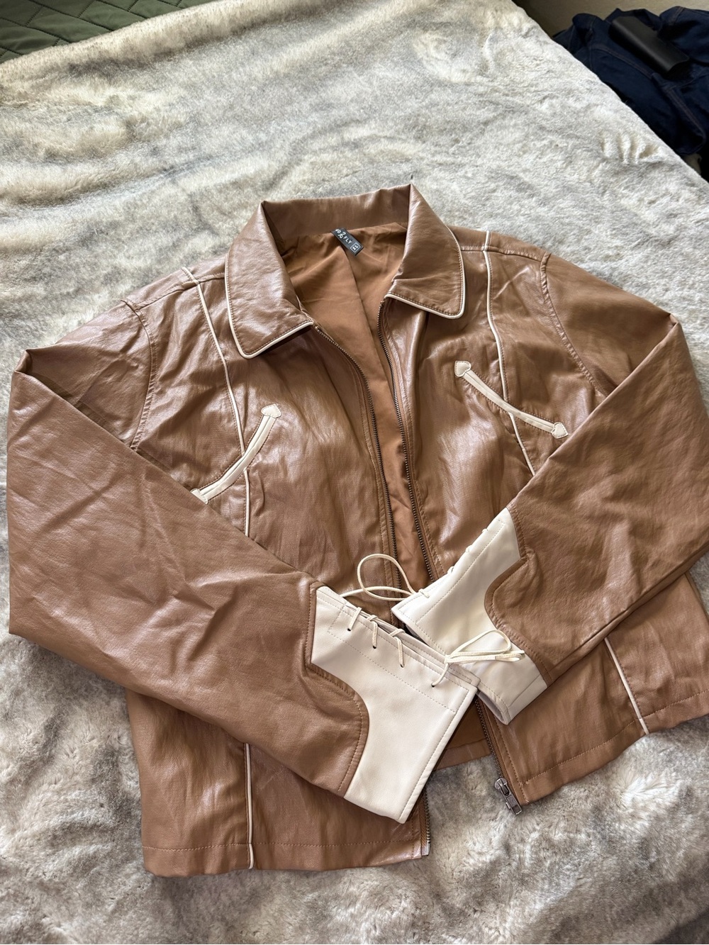 Women’s Tan Faux Leather Jacket with Cream Accents